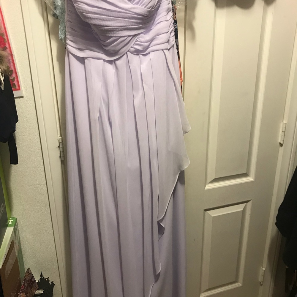 Lilac chiffon bridesmaid dress.